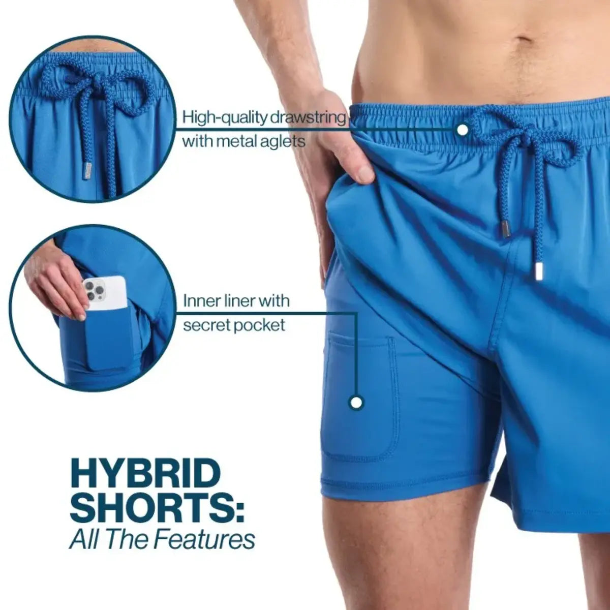 Men’s Premium Compression-Lined Hybrid Shorts – Marina Pinstripe-Indigo and Surf